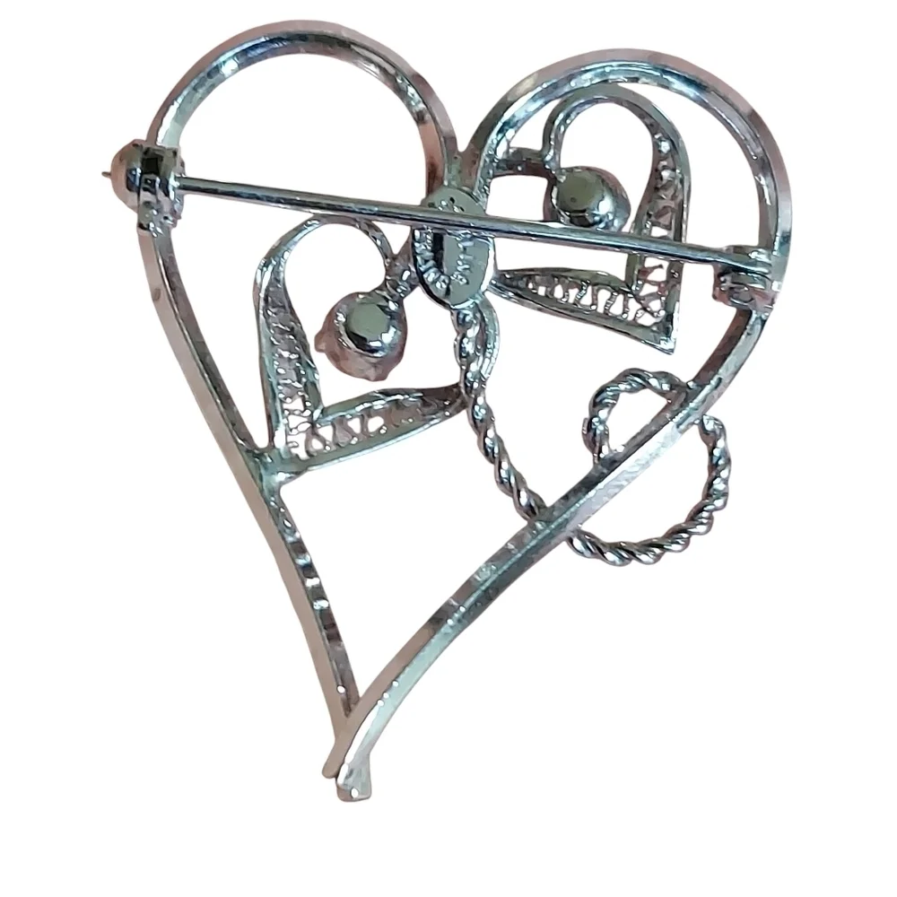 Vintage Sterling Silver Aurora Borealis Filigree Heart Brooch Pin